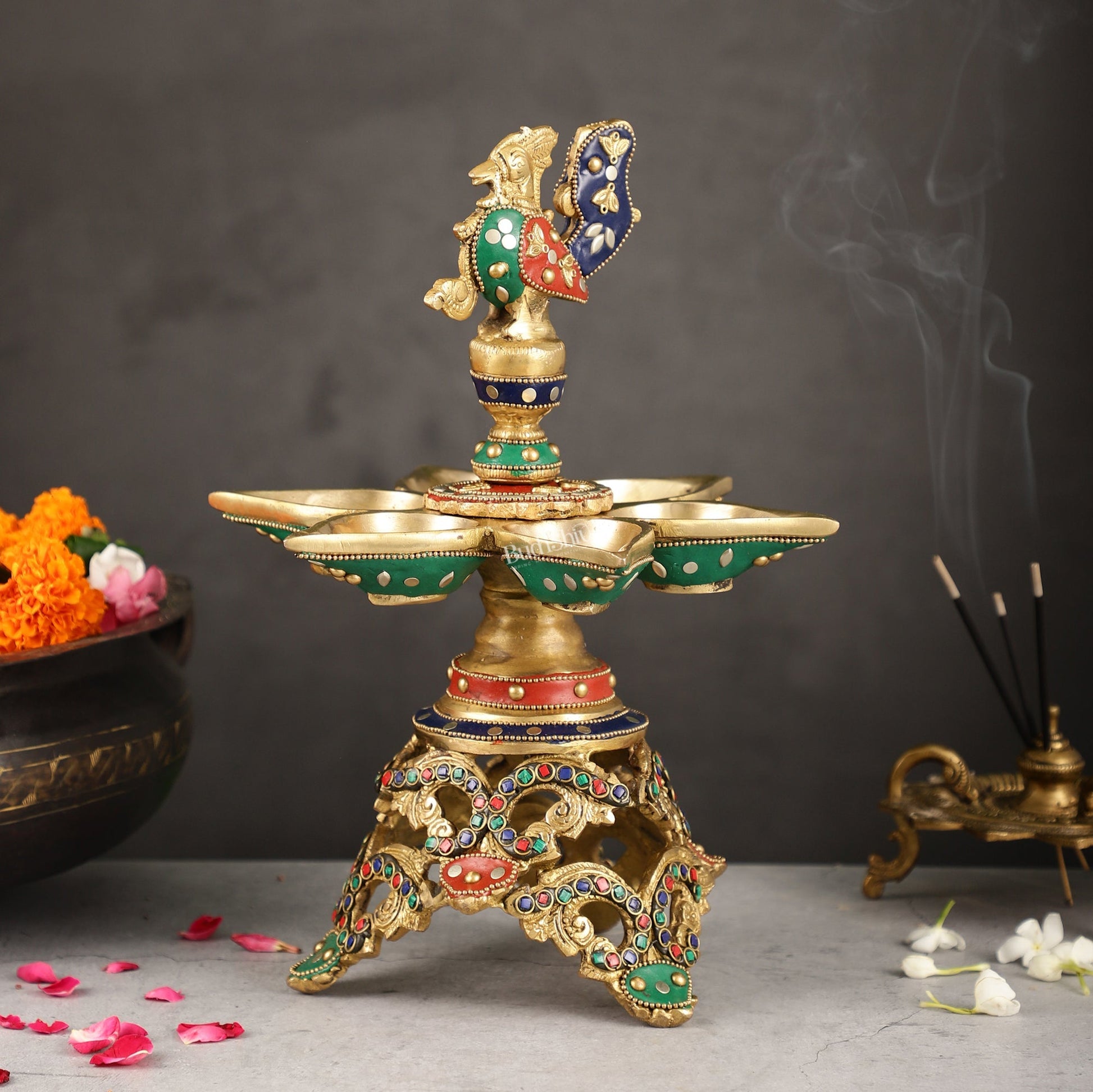 Superfine 12.5-Inch Brass Peacock Lamps with Stonework