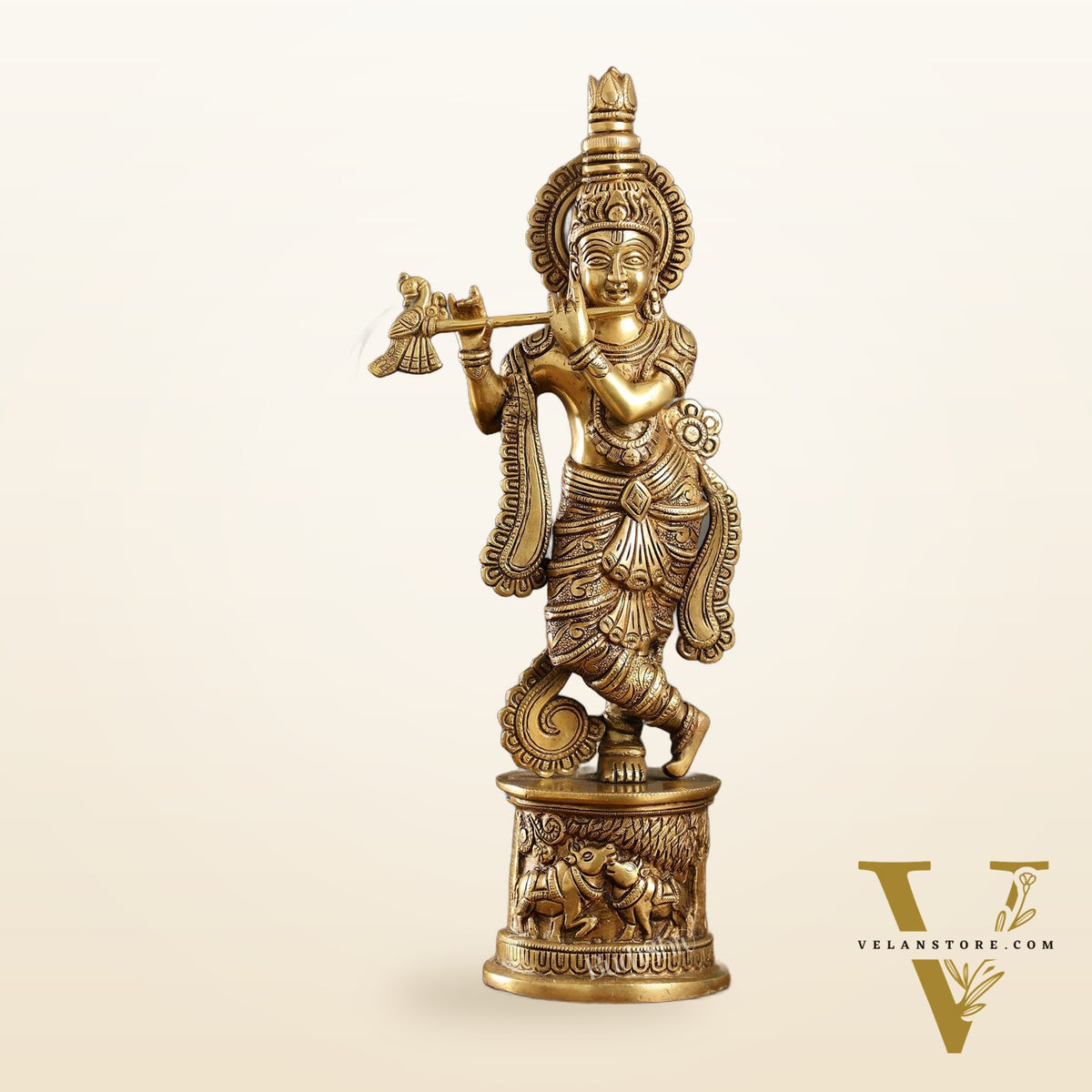 Superfine 15.5-inch Brass Lord Krishna Statue with Engraved Cow Design Base