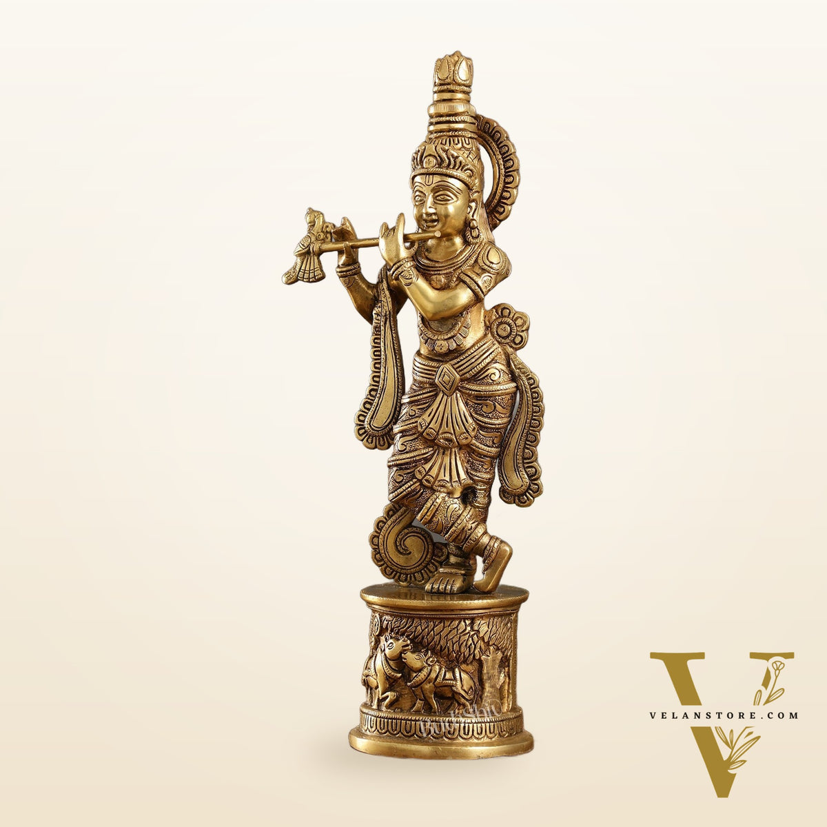 Superfine 15.5-inch Brass Lord Krishna Statue with Engraved Cow Design Base