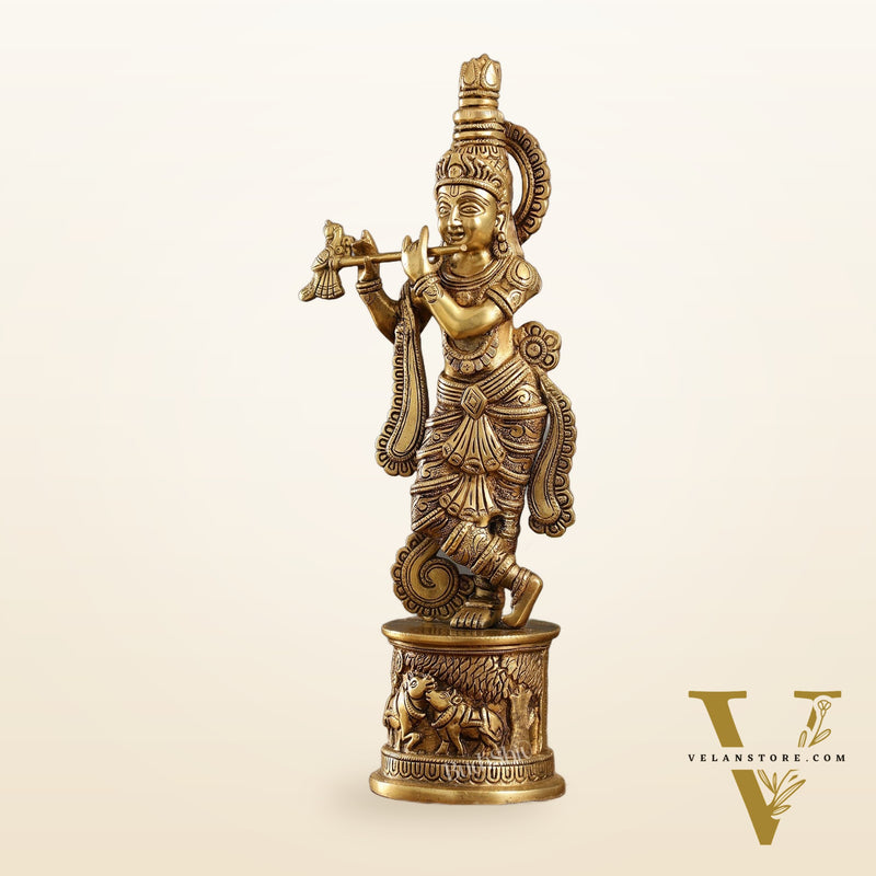 Superfine 15.5-inch Brass Lord Krishna Statue with Engraved Cow Design Base