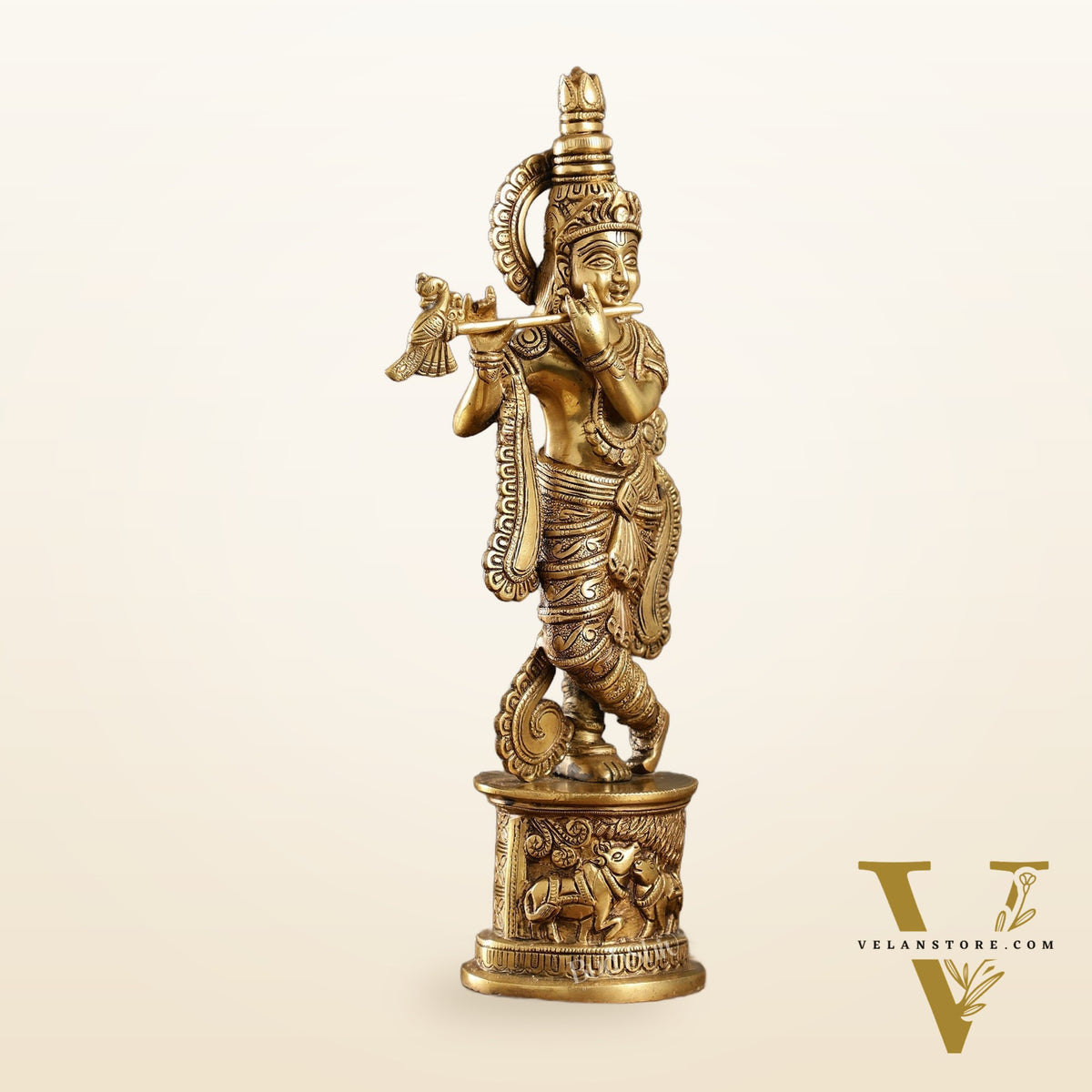 Superfine 15.5-inch Brass Lord Krishna Statue with Engraved Cow Design Base