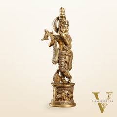 Superfine 15.5-inch Brass Lord Krishna Statue with Engraved Cow Design Base
