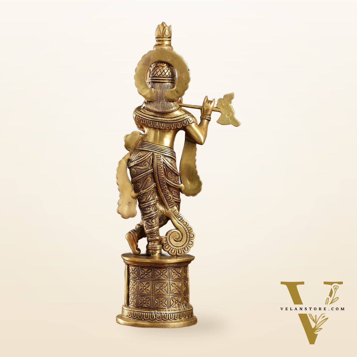 Superfine 15.5-inch Brass Lord Krishna Statue with Engraved Cow Design Base