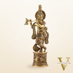 Superfine 15.5-inch Brass Lord Krishna Statue with Engraved Cow Design Base