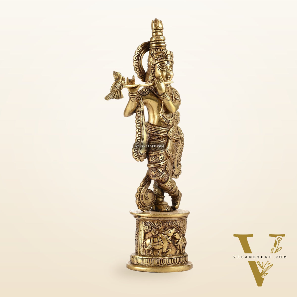 Superfine 15.5-inch Brass Lord Krishna Statue with Engraved Cow Design Base