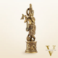 Superfine 15.5-inch Brass Lord Krishna Statue with Engraved Cow Design Base