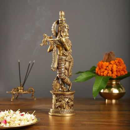 Superfine 15.5-inch Brass Lord Krishna Statue with Engraved Cow Design Base