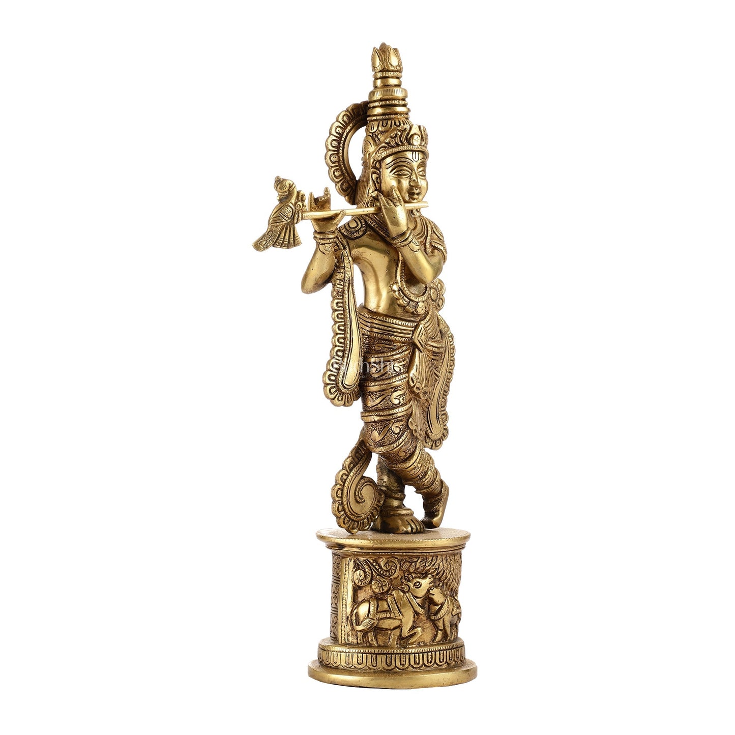 Superfine 15.5-inch Brass Lord Krishna Statue with Engraved Cow Design Base