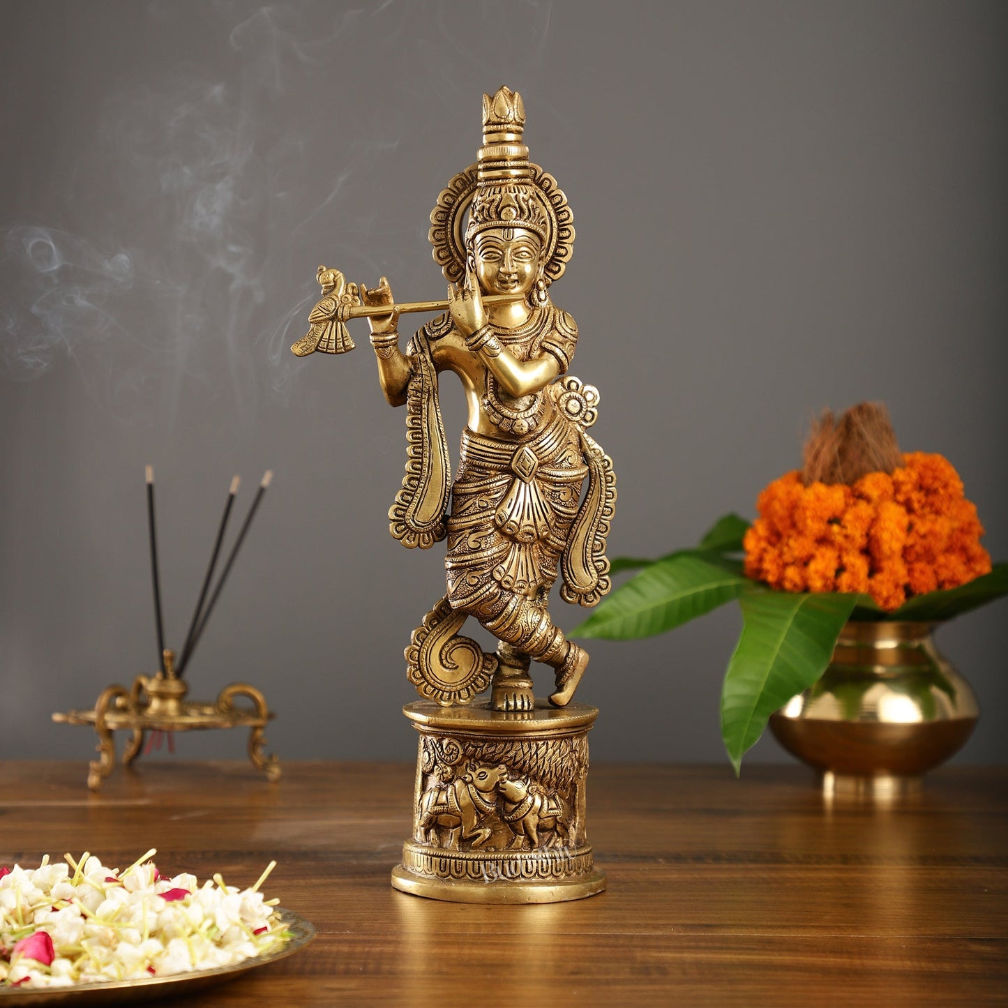 Superfine 15.5-inch Brass Lord Krishna Statue with Engraved Cow Design Base