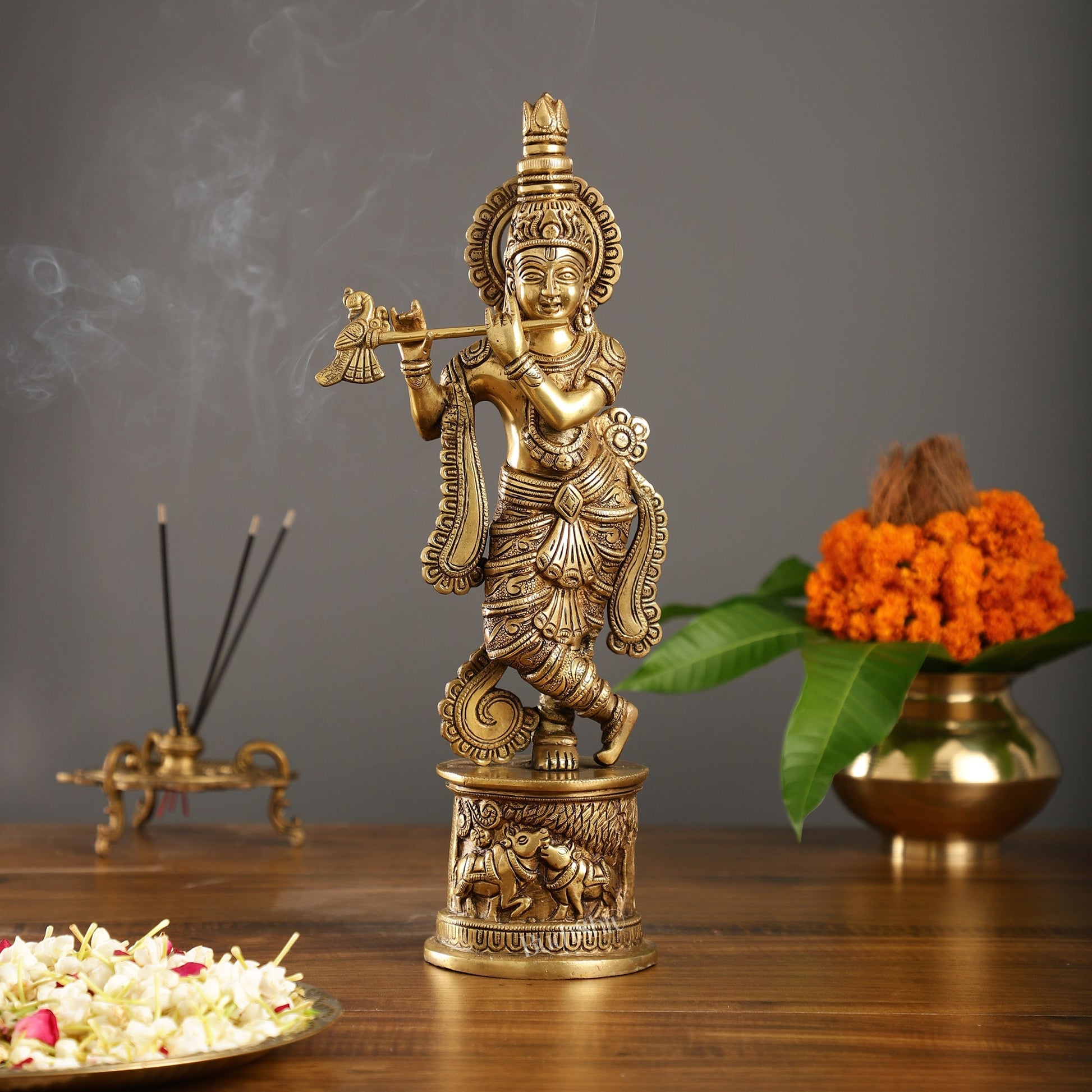 Superfine 15.5-inch Brass Lord Krishna Statue with Engraved Cow Design Base