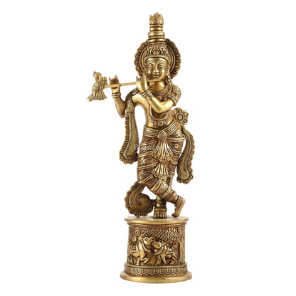 Superfine 15.5-inch Brass Lord Krishna Statue with Engraved Cow Design Base