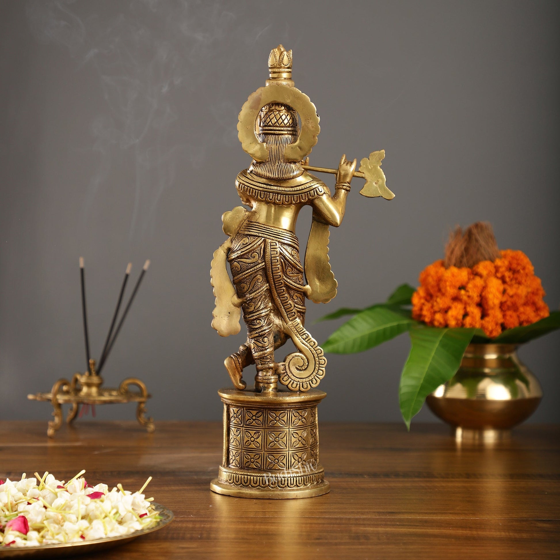 Superfine 15.5-inch Brass Lord Krishna Statue with Engraved Cow Design Base