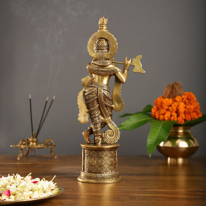 Superfine 15.5-inch Brass Lord Krishna Statue with Engraved Cow Design Base