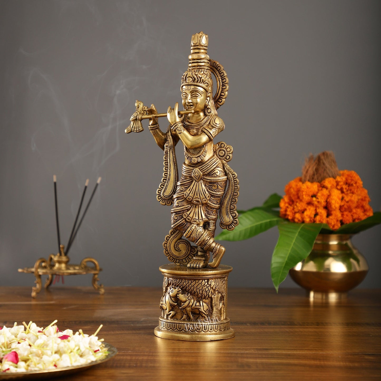 Superfine 15.5-inch Brass Lord Krishna Statue with Engraved Cow Design Base