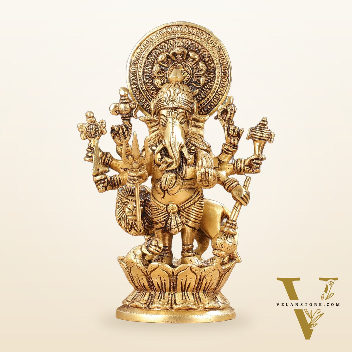 Superfine 8-Inch Brass Kanadrishti Ganesha with Lion Idol
