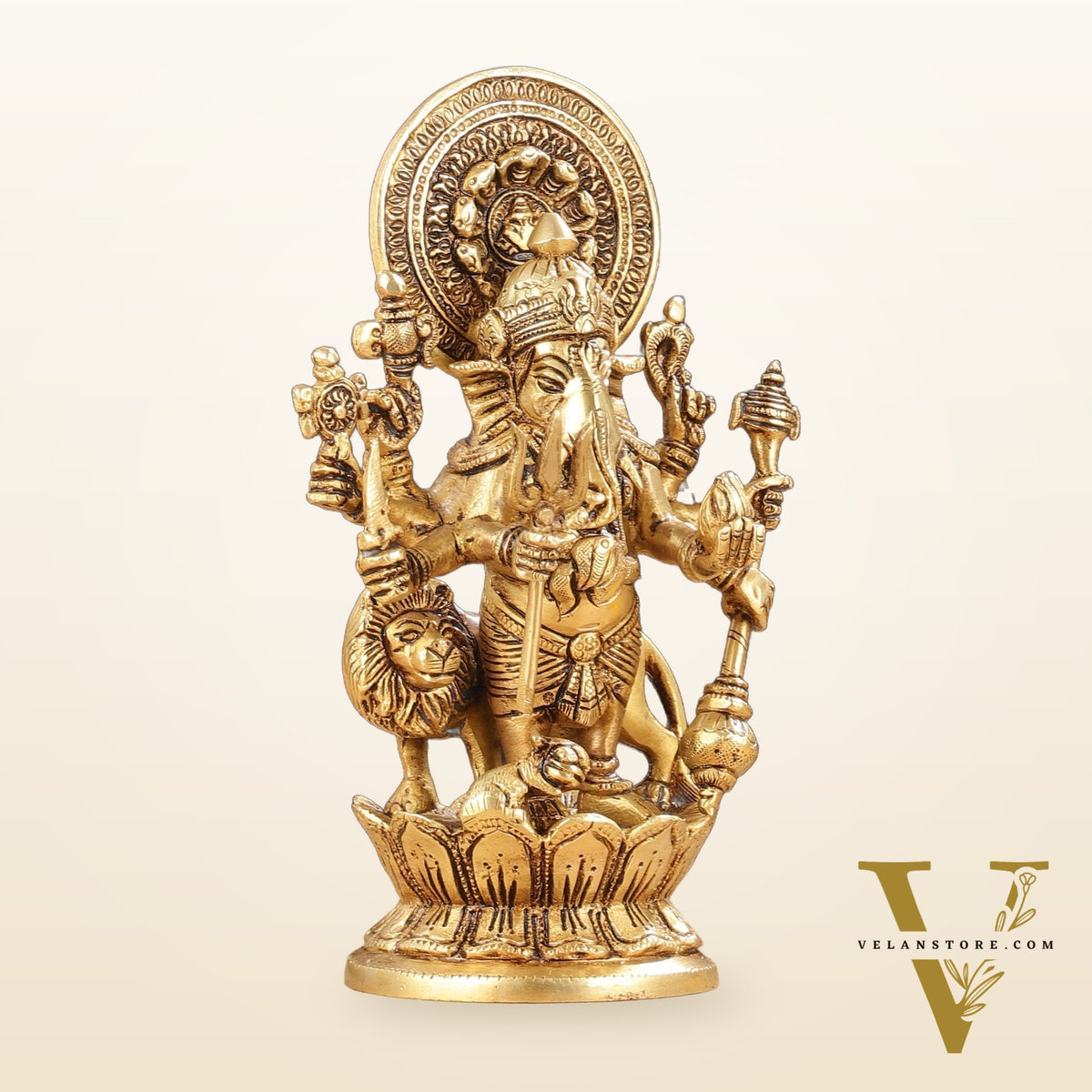 Superfine 8-Inch Brass Kanadrishti Ganesha with Lion Idol