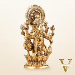 Superfine 8-Inch Brass Kanadrishti Ganesha with Lion Idol