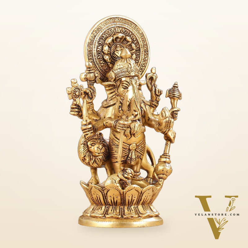 Superfine 8-Inch Brass Kanadrishti Ganesha with Lion Idol