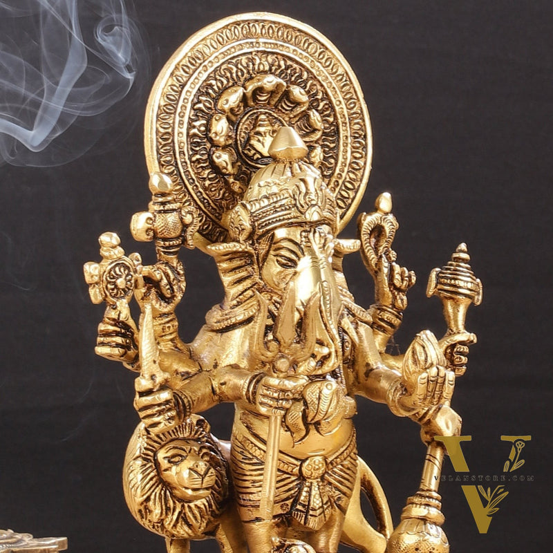 Superfine 8-Inch Brass Kanadrishti Ganesha with Lion Idol