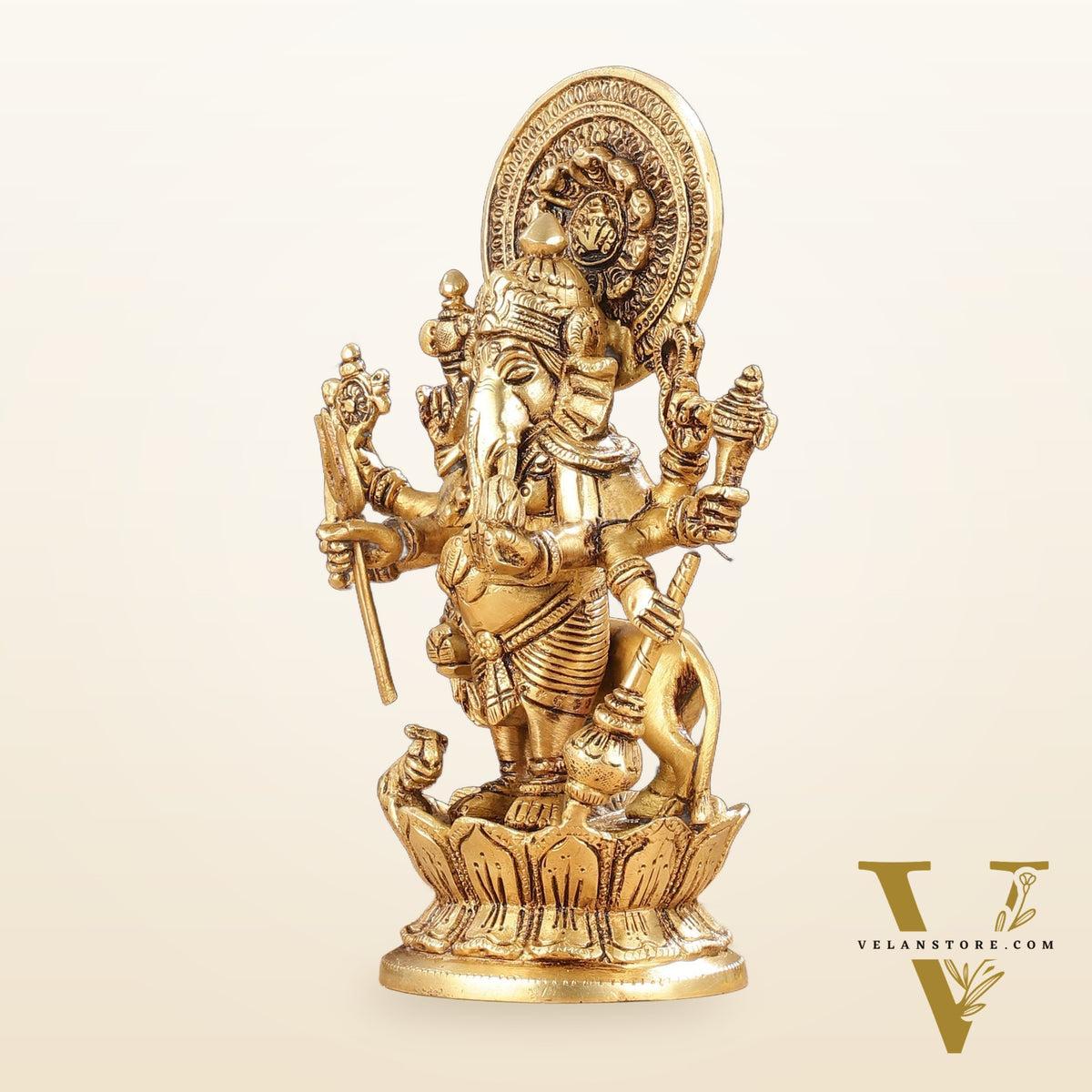 Superfine 8-Inch Brass Kanadrishti Ganesha with Lion Idol