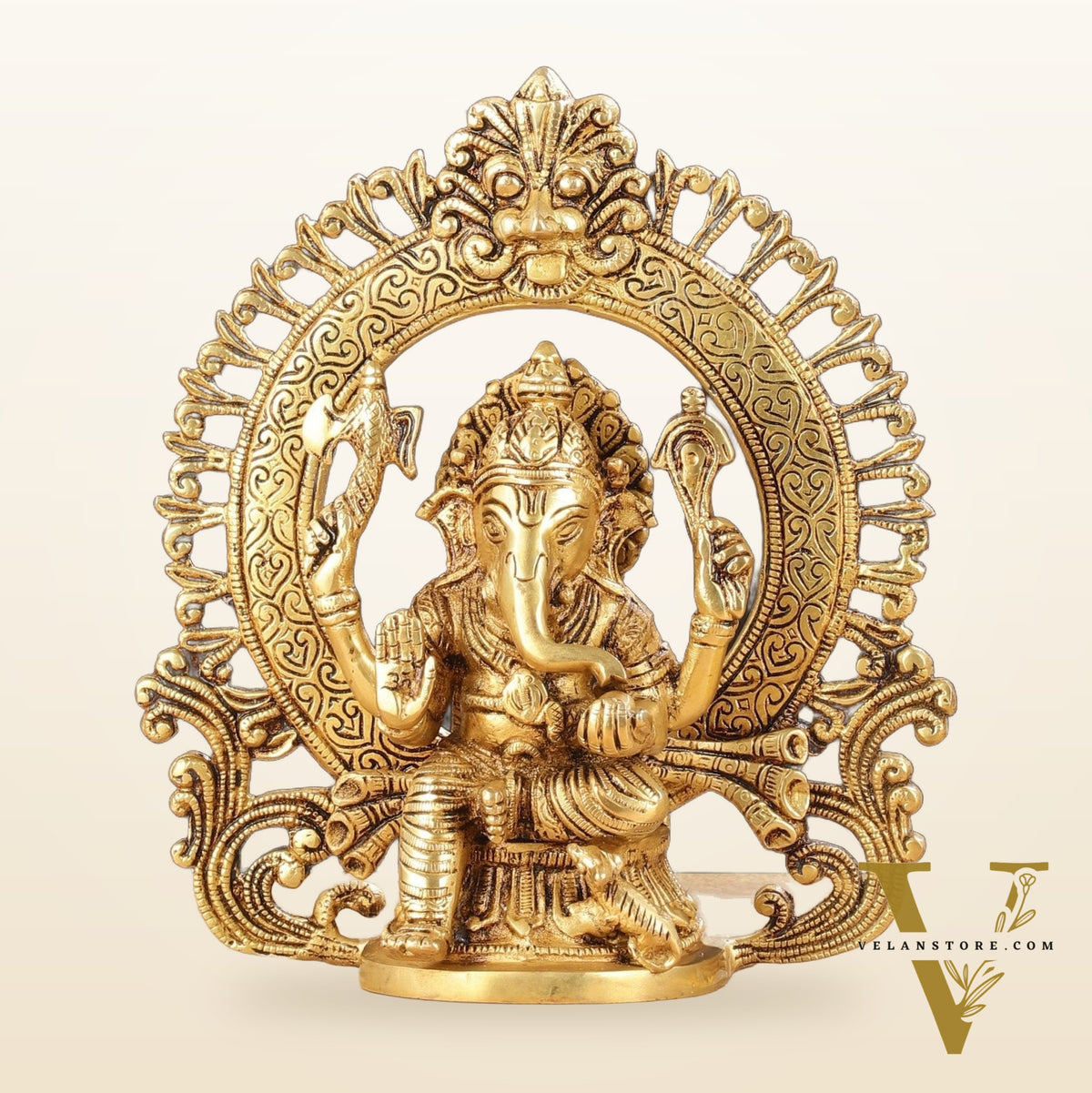 Superfine 9-Inch Brass Lord Ganesha Statue with Arch Prabhavali