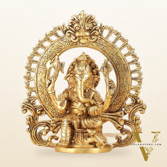 Superfine 9-Inch Brass Lord Ganesha Statue with Arch Prabhavali