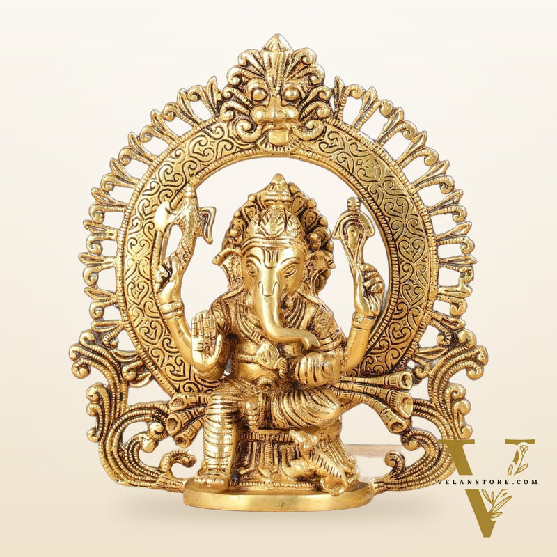 Superfine 9-Inch Brass Lord Ganesha Statue with Arch Prabhavali