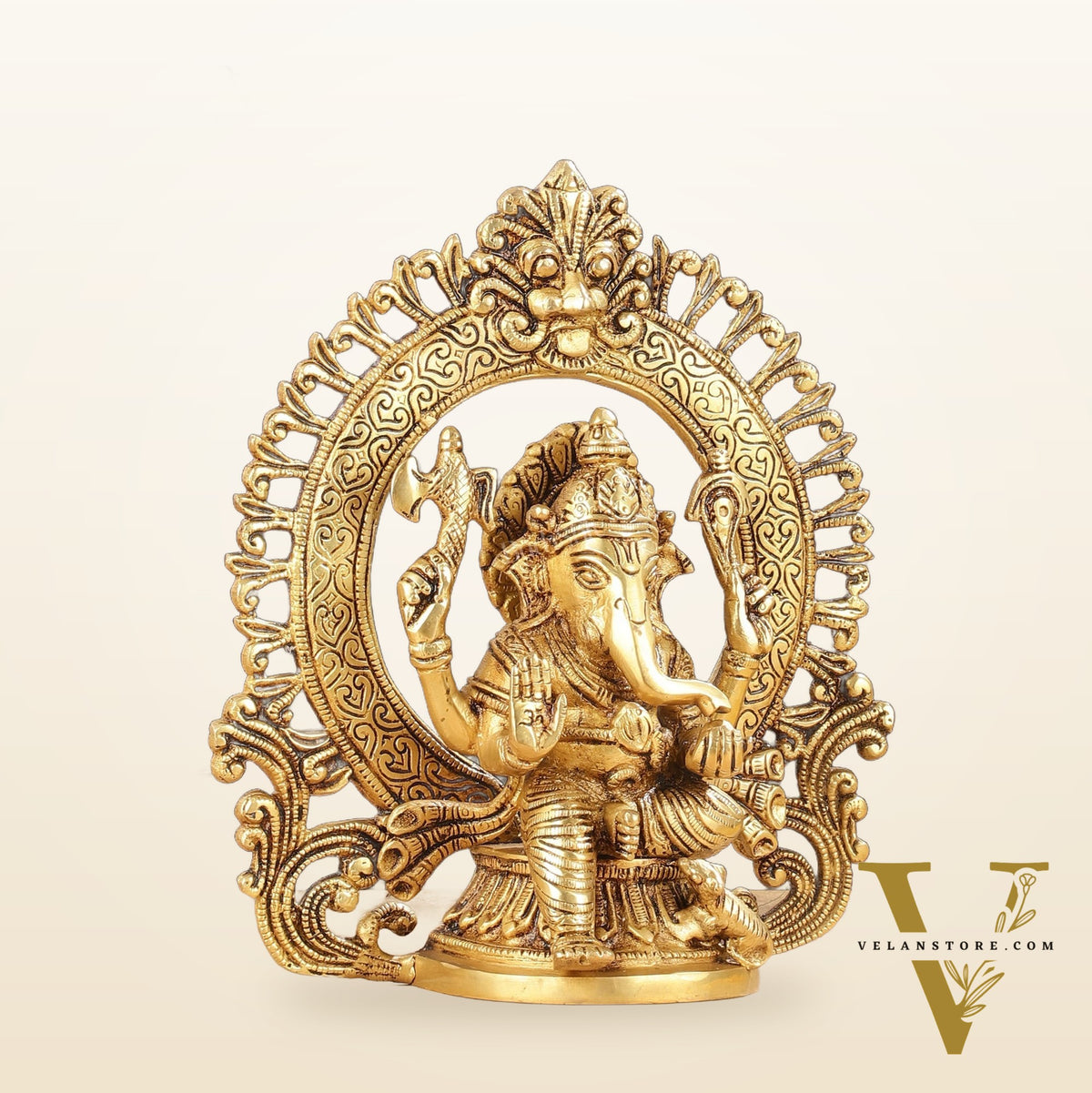 Superfine 9-Inch Brass Lord Ganesha Statue with Arch Prabhavali