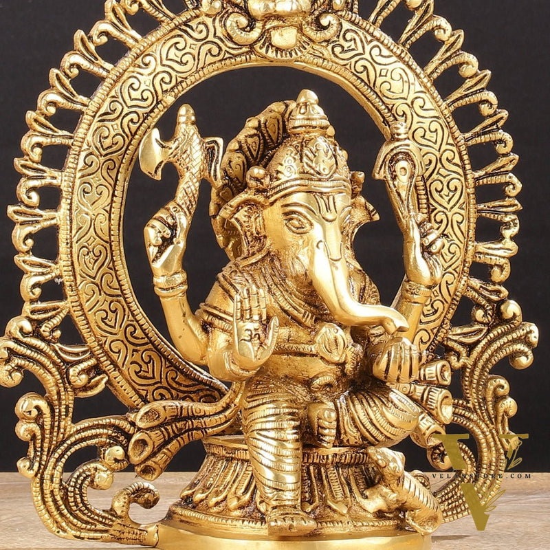 Superfine 9-Inch Brass Lord Ganesha Statue with Arch Prabhavali
