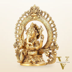Superfine 9-Inch Brass Lord Ganesha Statue with Arch Prabhavali