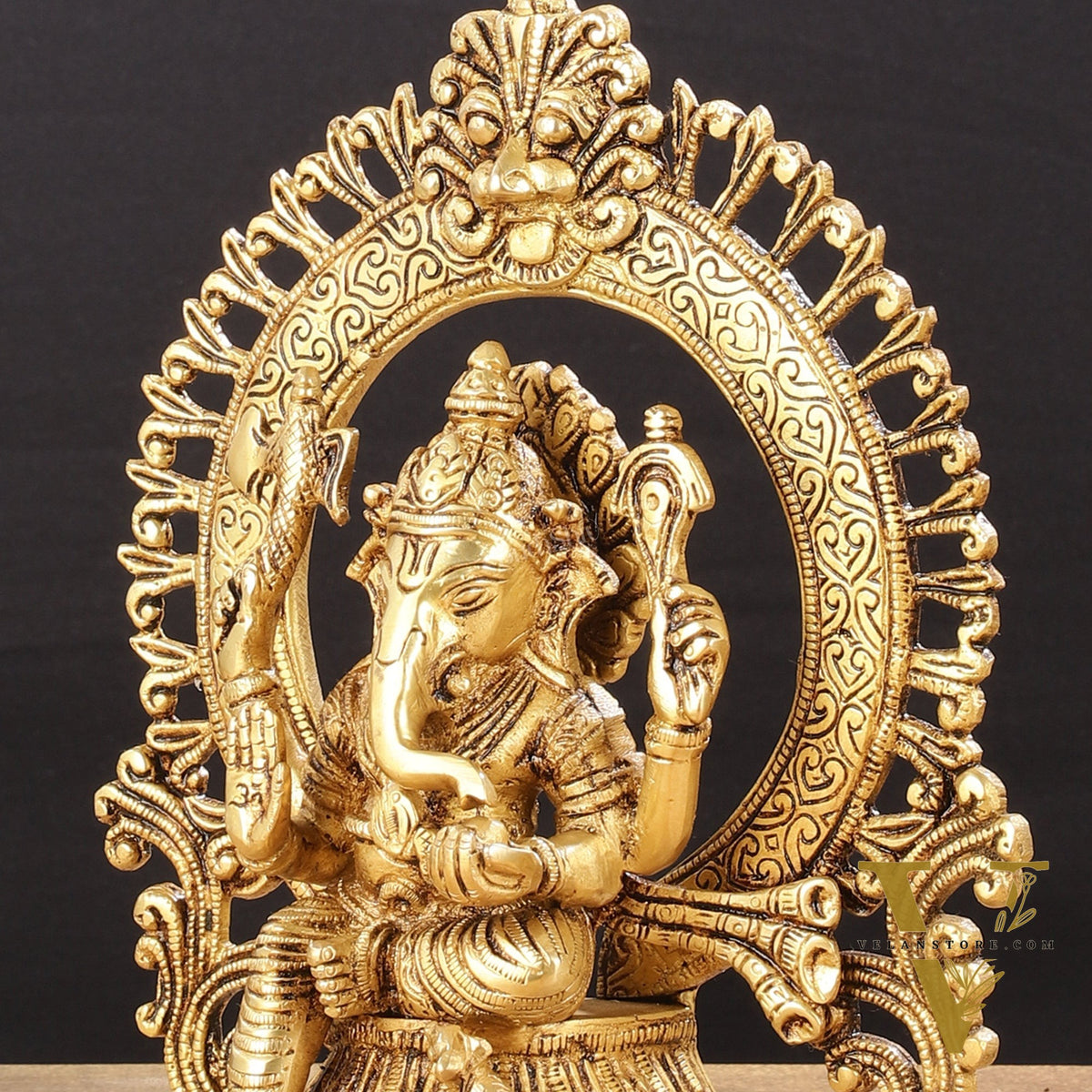 Superfine 9-Inch Brass Lord Ganesha Statue with Arch Prabhavali