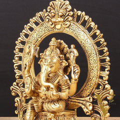 Superfine 9-Inch Brass Lord Ganesha Statue with Arch Prabhavali