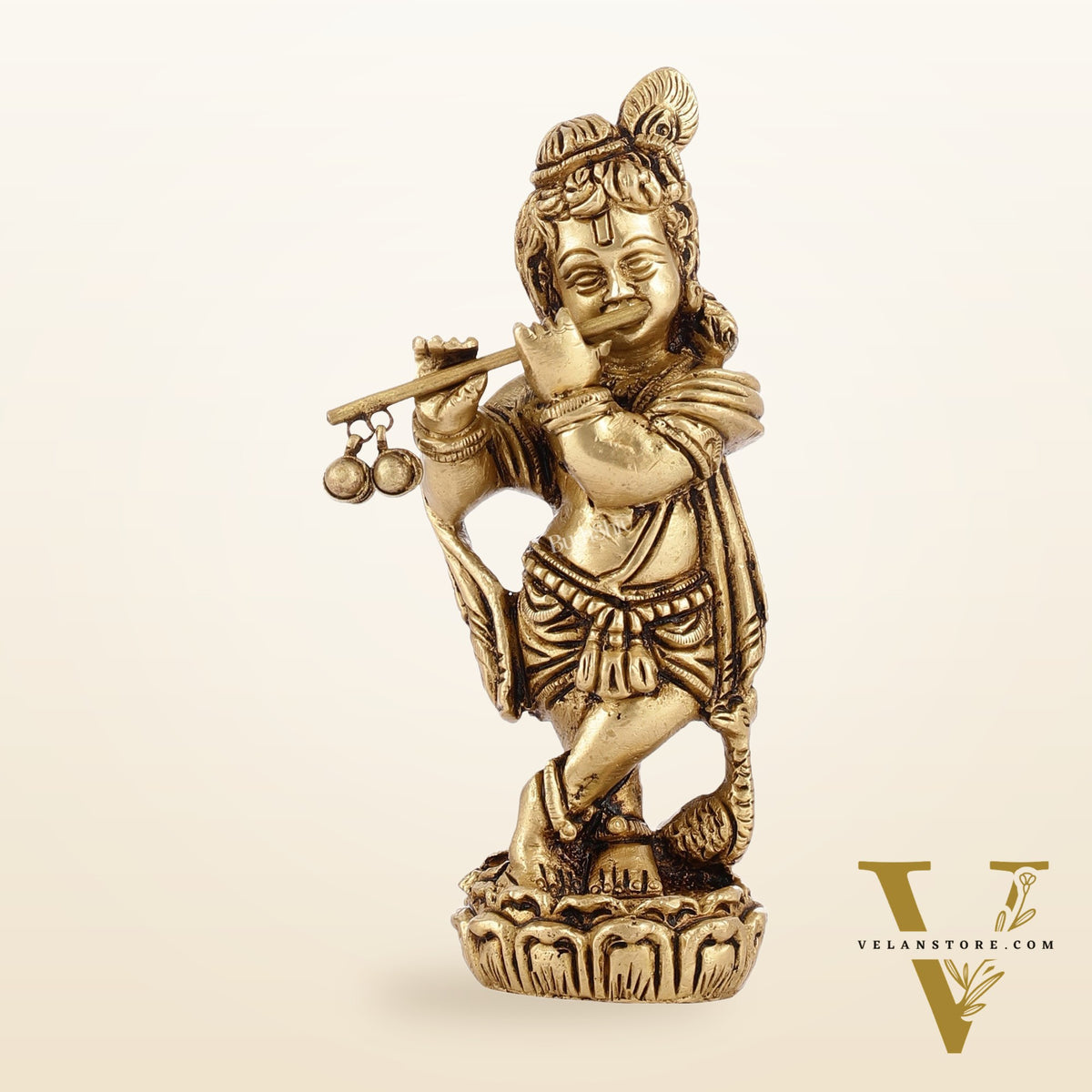 Superfine Brass Baby Krishna Playing the Flute Idol 5.5 inch