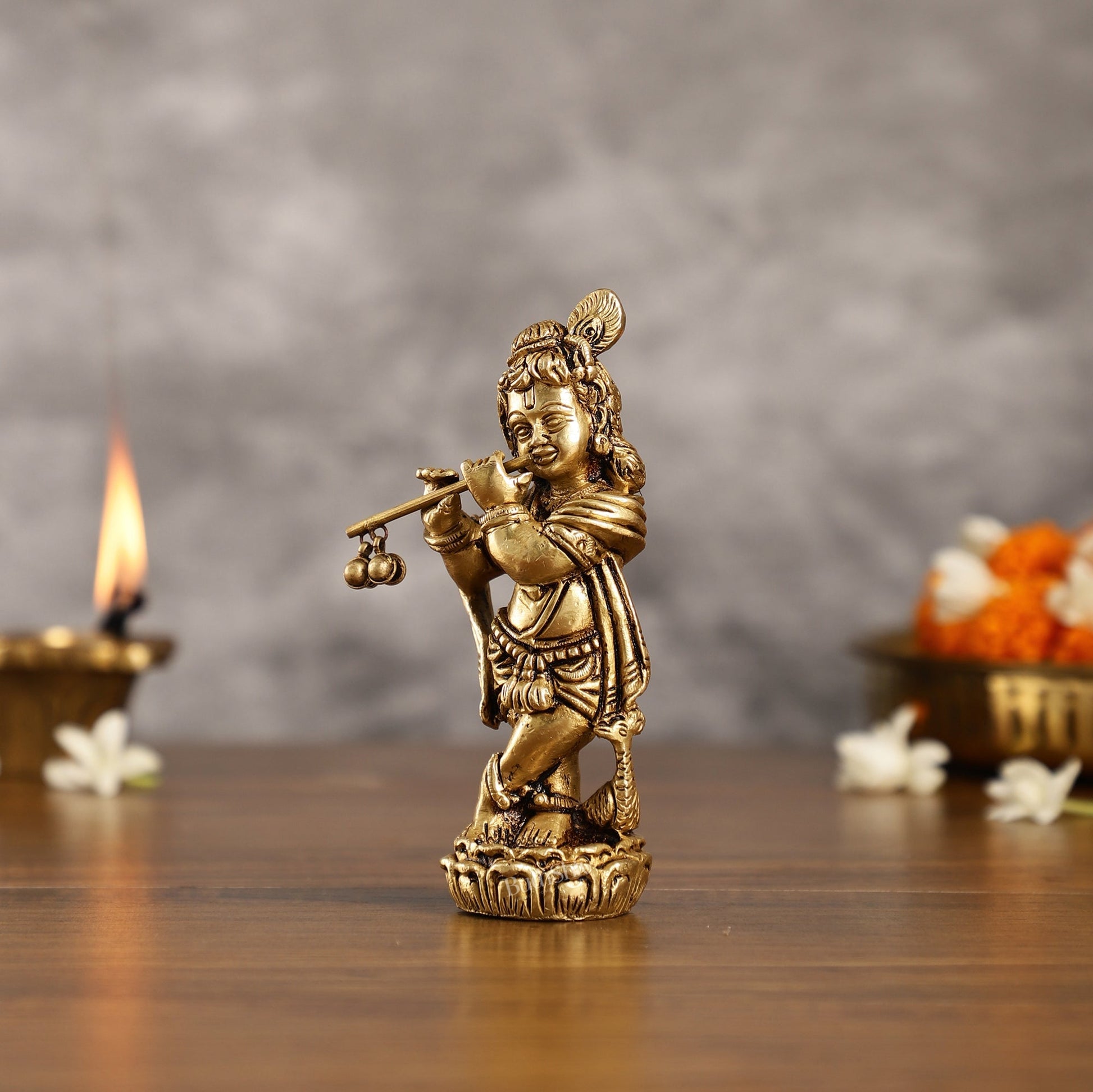 Superfine Brass Baby Krishna Playing the Flute Idol 5.5 inch