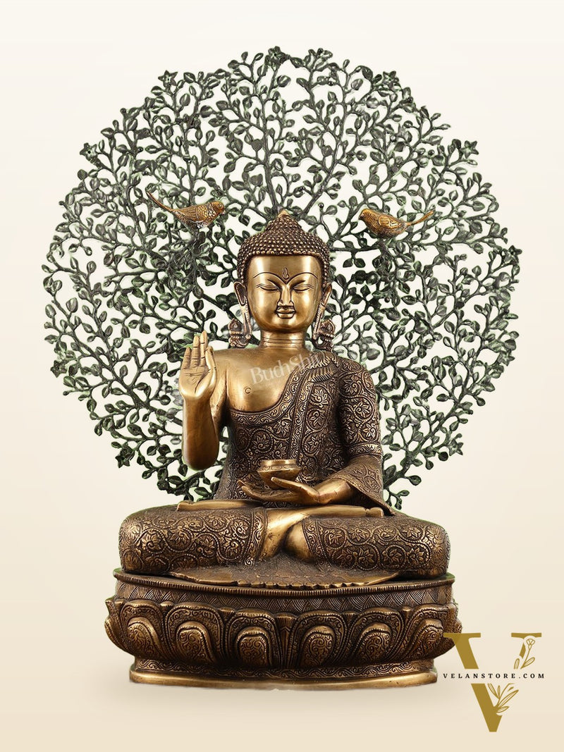 Superfine Brass Buddha with Bodhi Tree Kalpavriksha Statue 30 inch