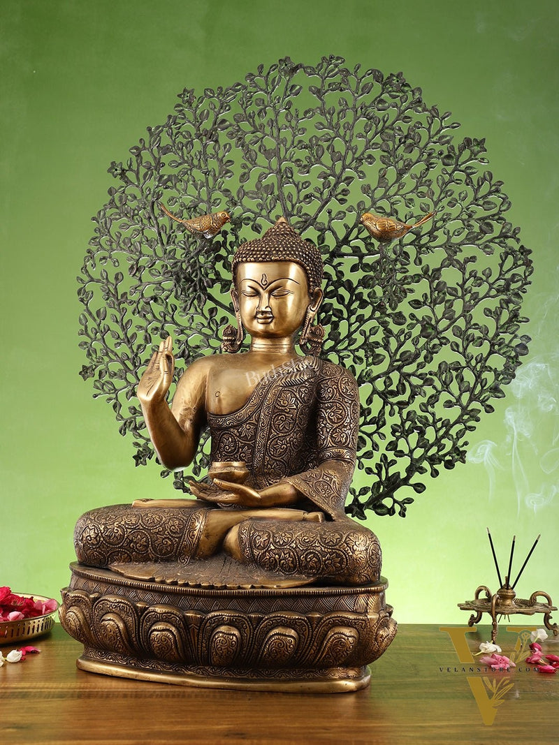 Superfine Brass Buddha with Bodhi Tree Kalpavriksha Statue 30 inch