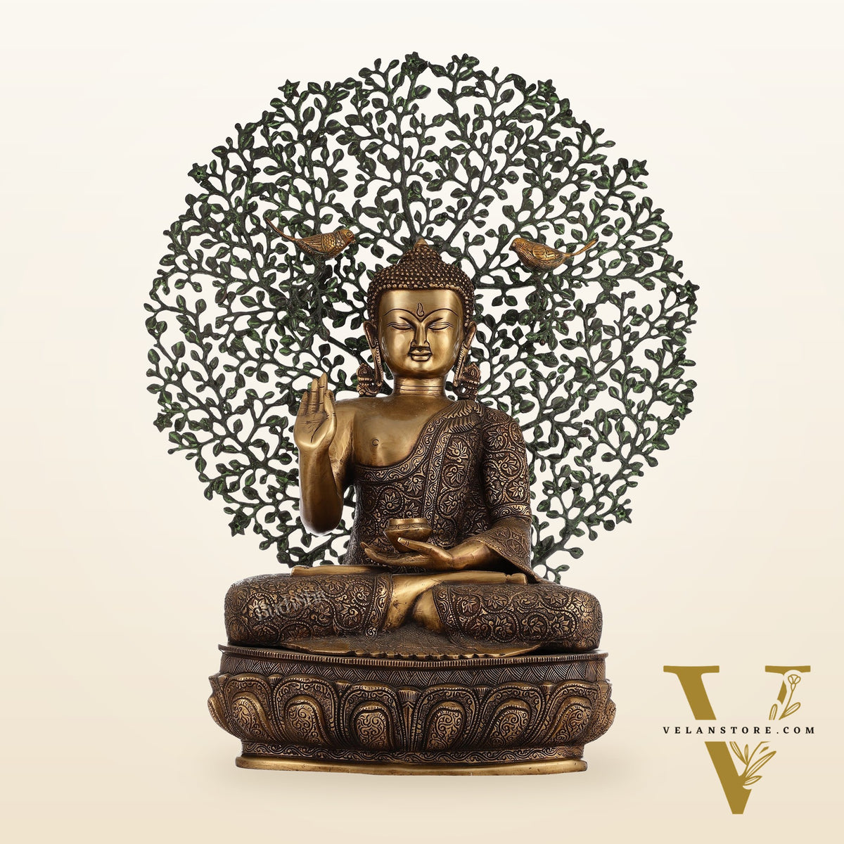 Superfine Brass Buddha with Bodhi Tree Kalpavriksha Statue 30 inch