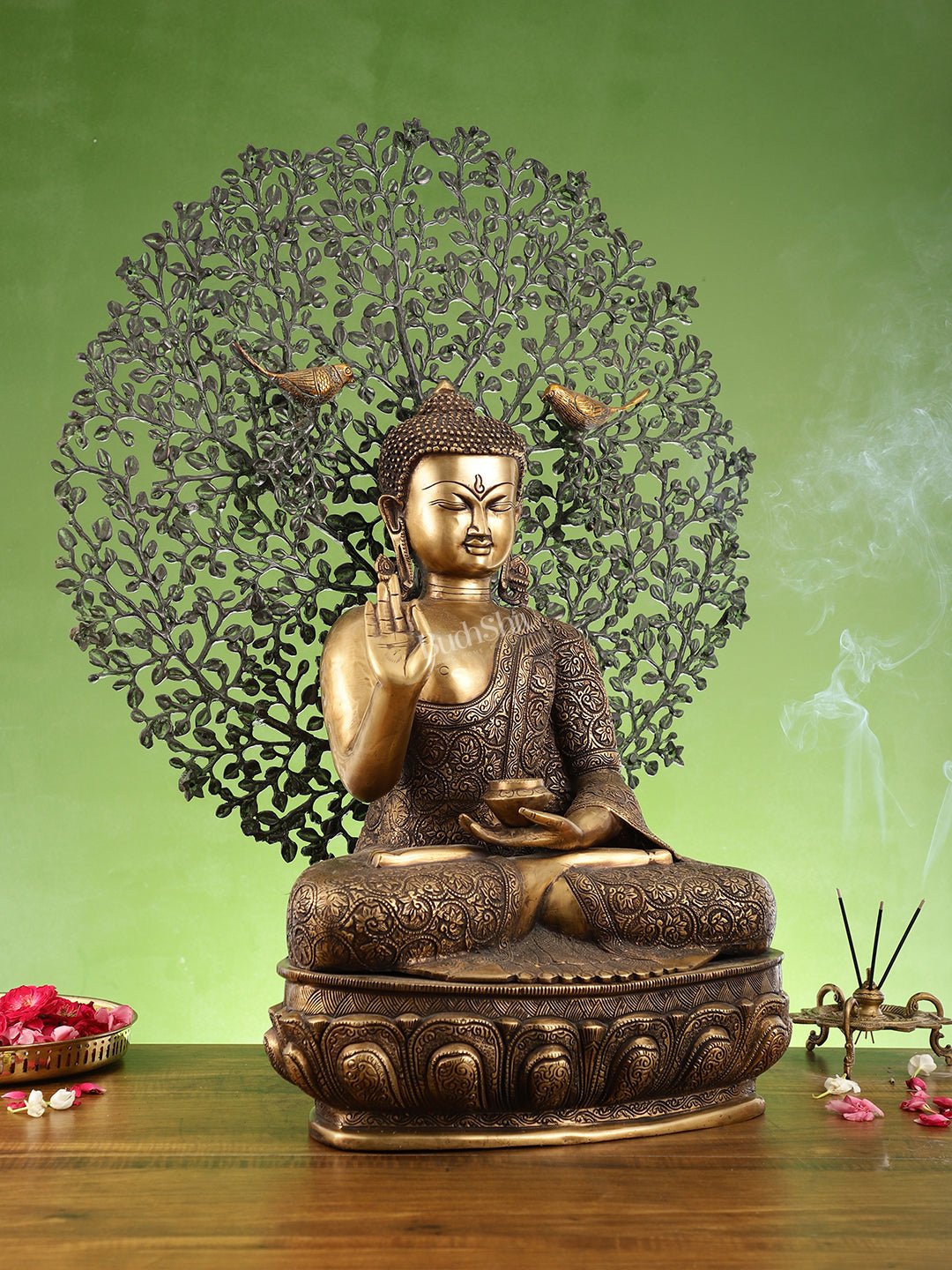 Superfine Brass Buddha with Bodhi Tree Kalpavriksha Statue 30 inch
