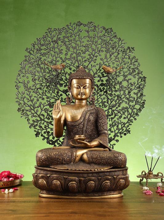 Superfine Brass Buddha with Bodhi Tree Kalpavriksha Statue 30 inch