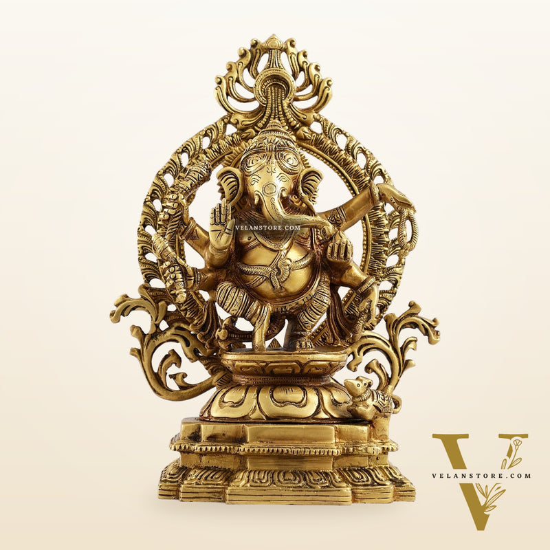 Superfine Brass Dancing Ganesha with Six Arms Idol Statue Murti 11 inch