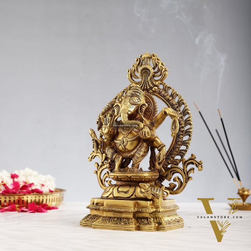 Superfine Brass Dancing Ganesha with Six Arms Idol Statue Murti 11 inch