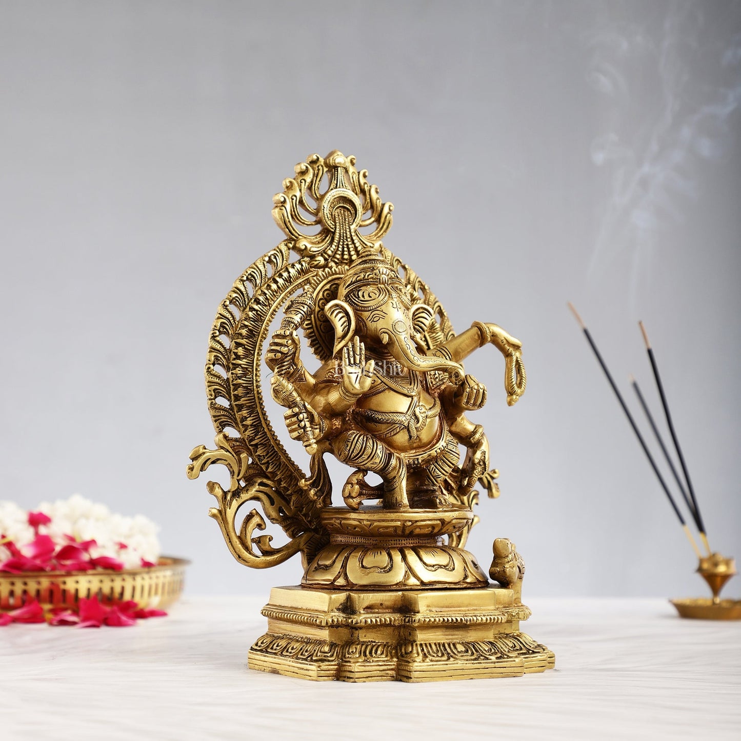 Superfine Brass Dancing Ganesha with Six Arms Idol Statue Murti 11 inch