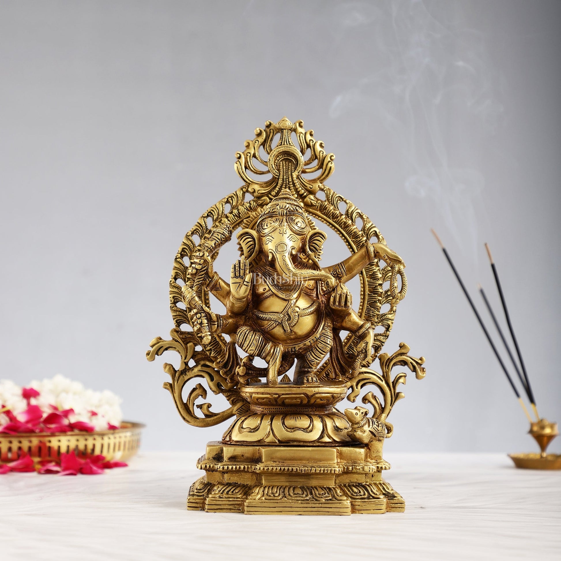 Superfine Brass Dancing Ganesha with Six Arms Idol Statue Murti 11 inch