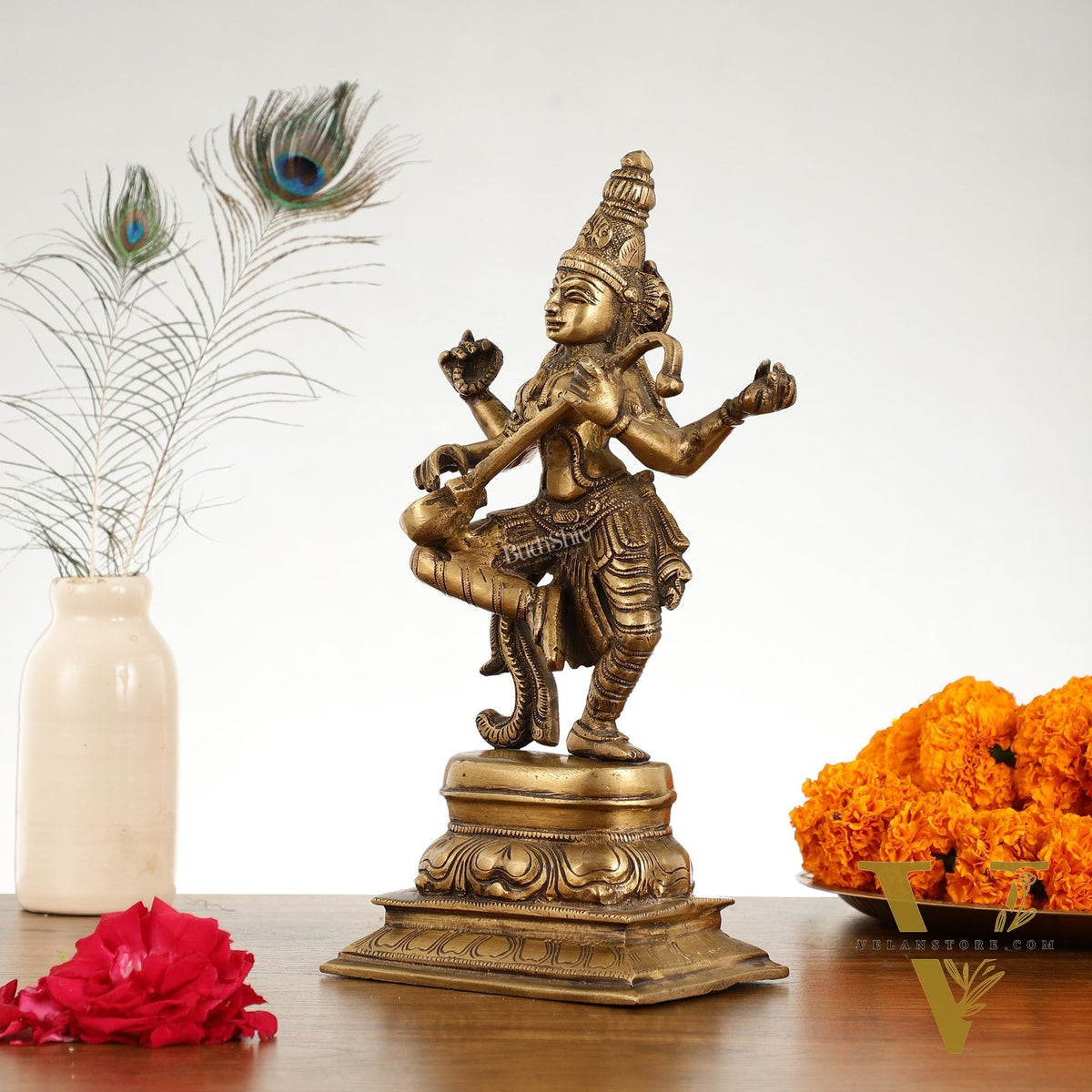 Superfine Brass Dancing Goddess Saraswati Idol - 12 Inch