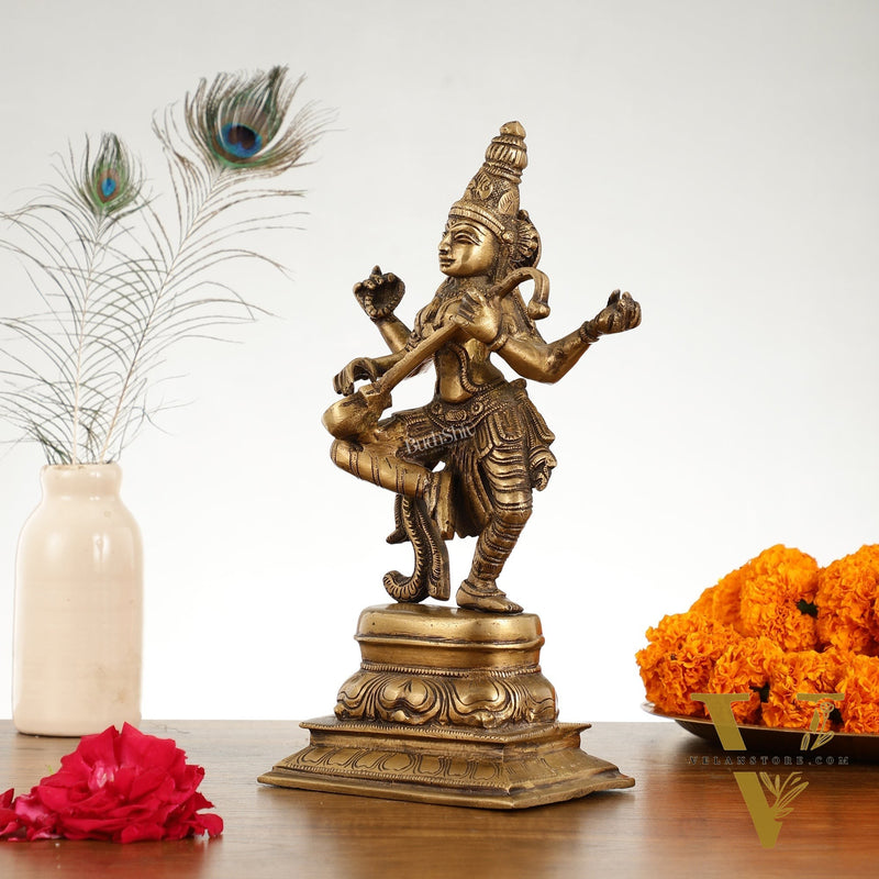 Superfine Brass Dancing Goddess Saraswati Idol - 12 Inch