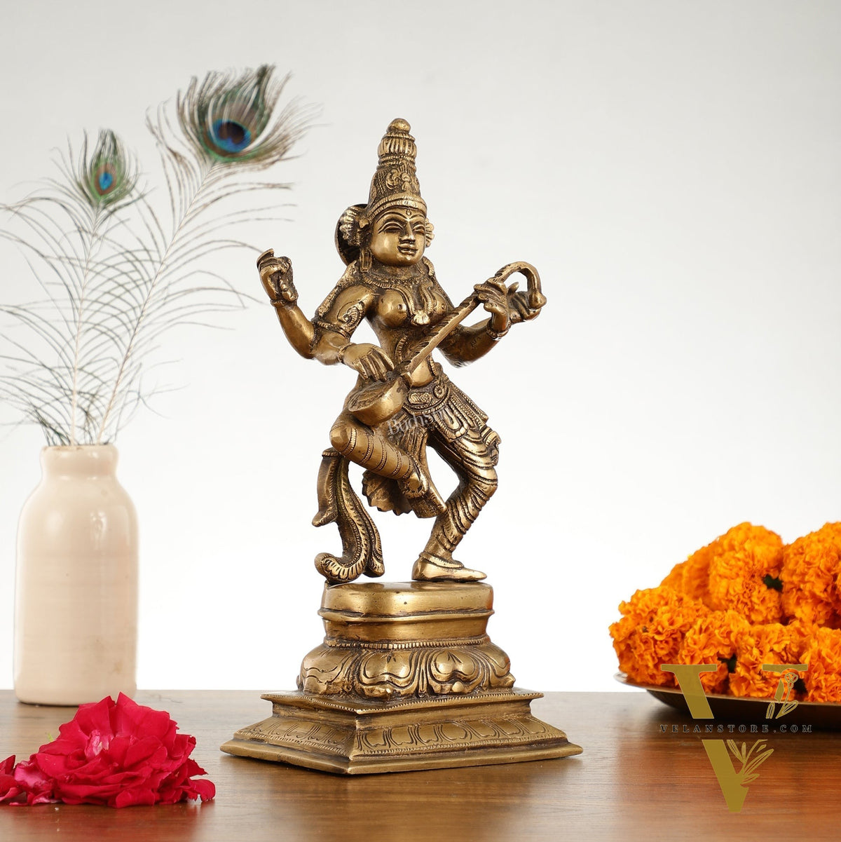 Superfine Brass Dancing Goddess Saraswati Idol - 12 Inch