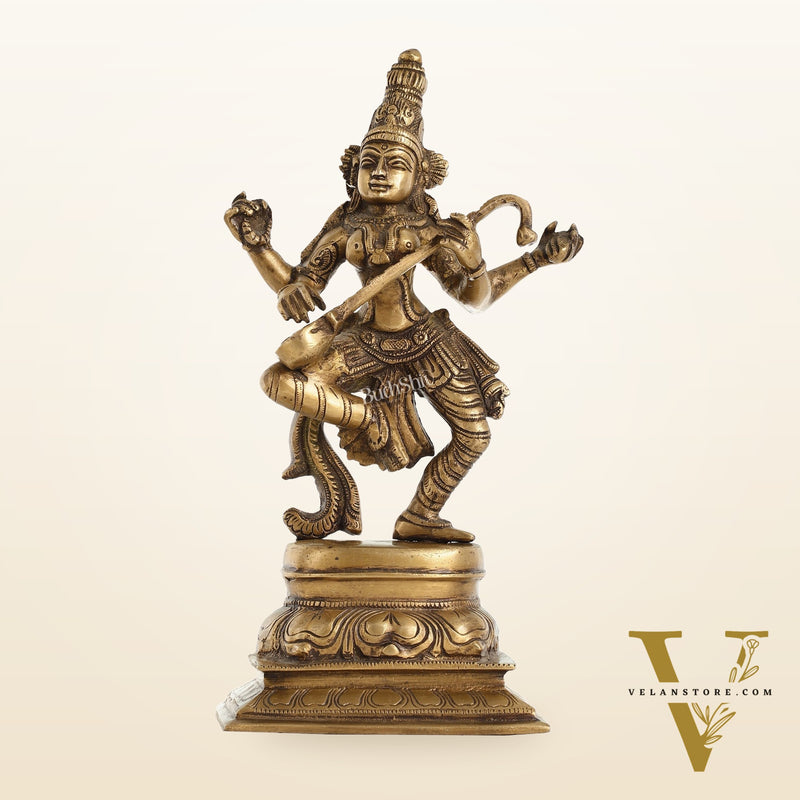 Superfine Brass Dancing Goddess Saraswati Idol - 12 Inch
