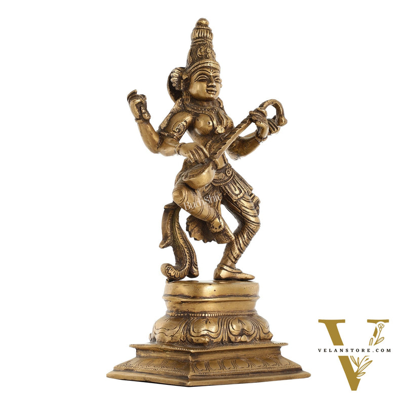 Superfine Brass Dancing Goddess Saraswati Idol - 12 Inch