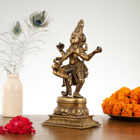 Superfine Brass Dancing Goddess Saraswati Idol - 12 Inch