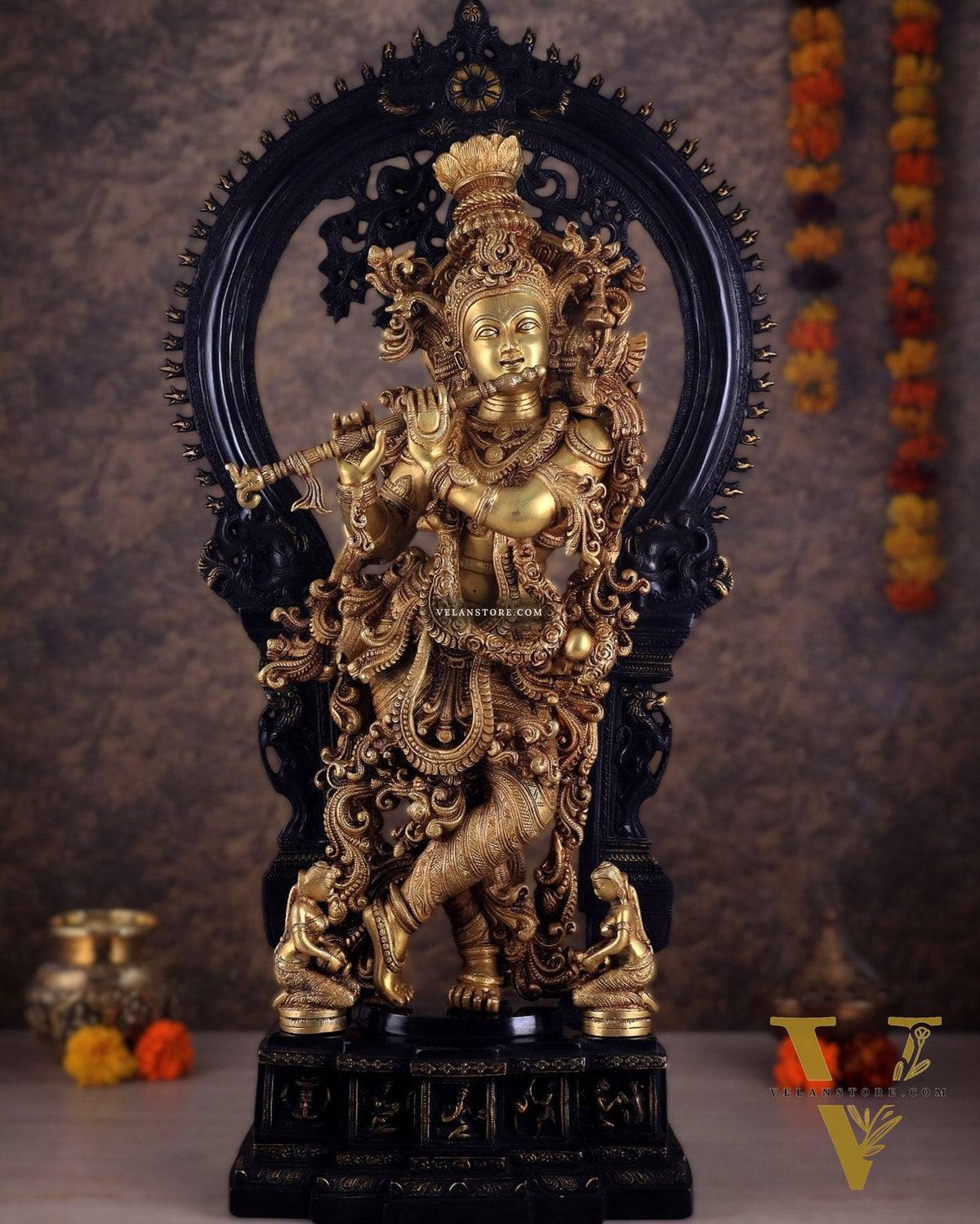 Superfine Brass dual tone Krishna Statue | Embossed Prabhaval 32"